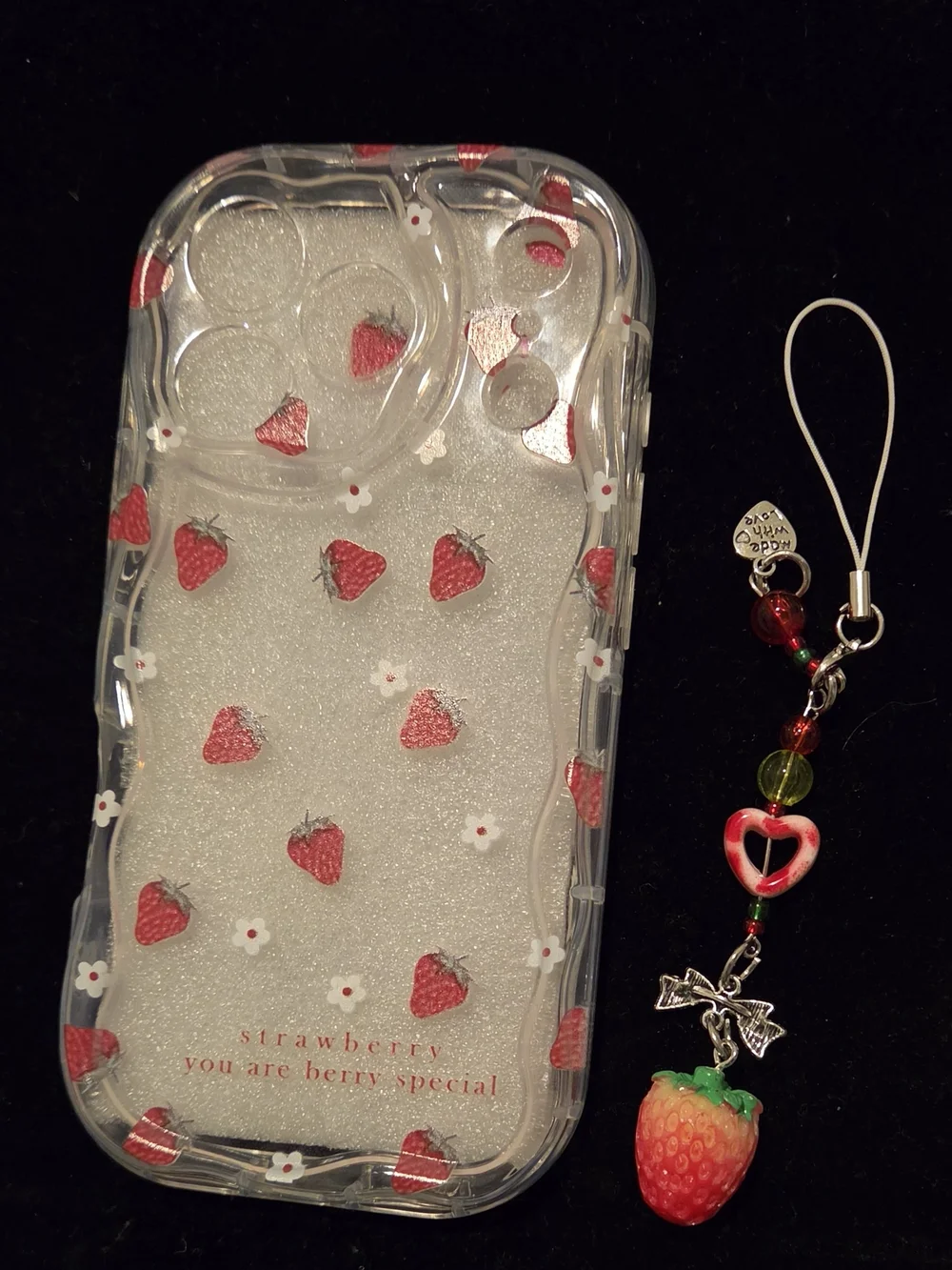 Clear Strawberry Pattern Phone Case with Charm  iphone17pro